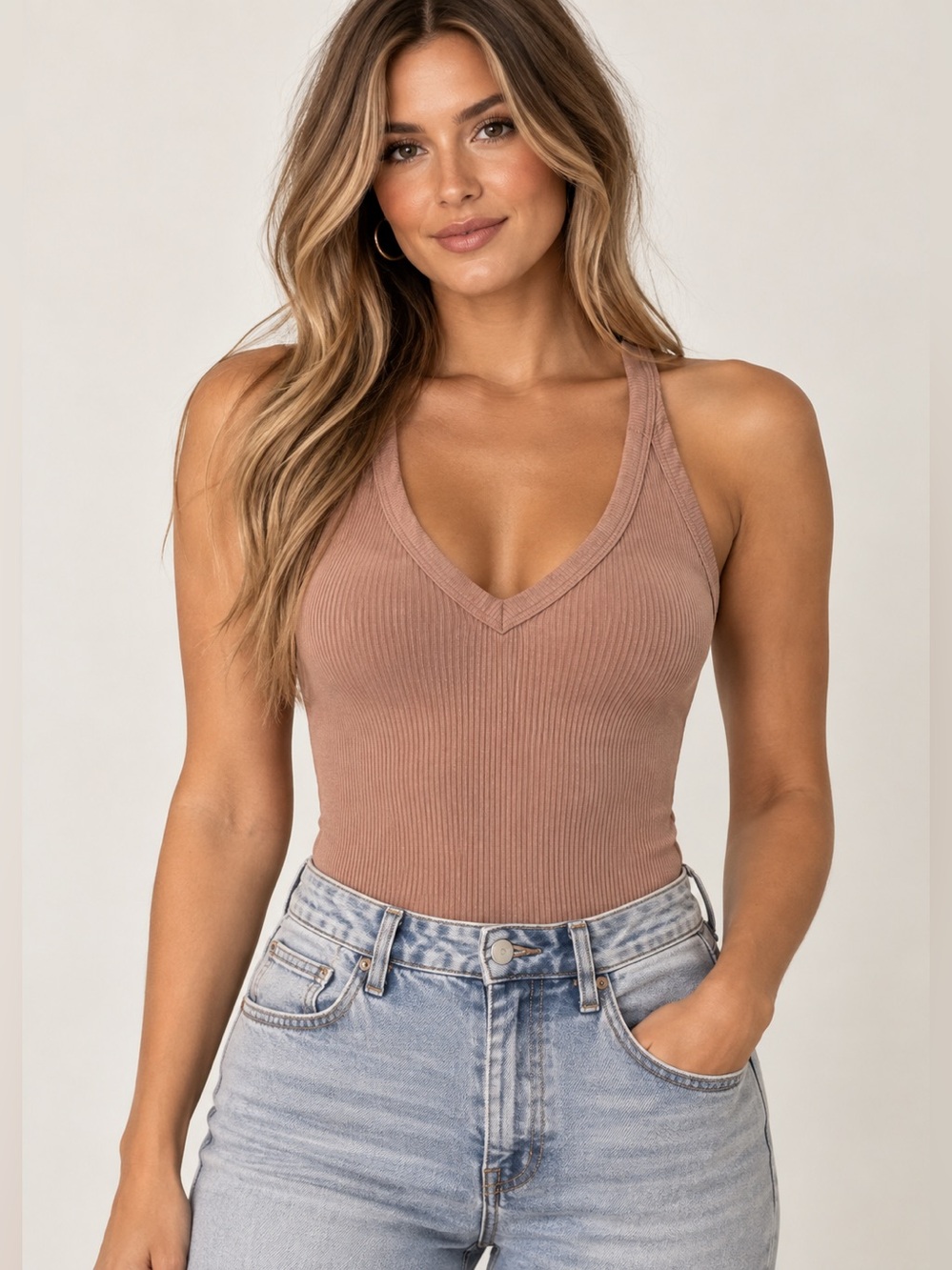 Naked Wardrobe Ribbed V-Neck Bodysuit Cocoa